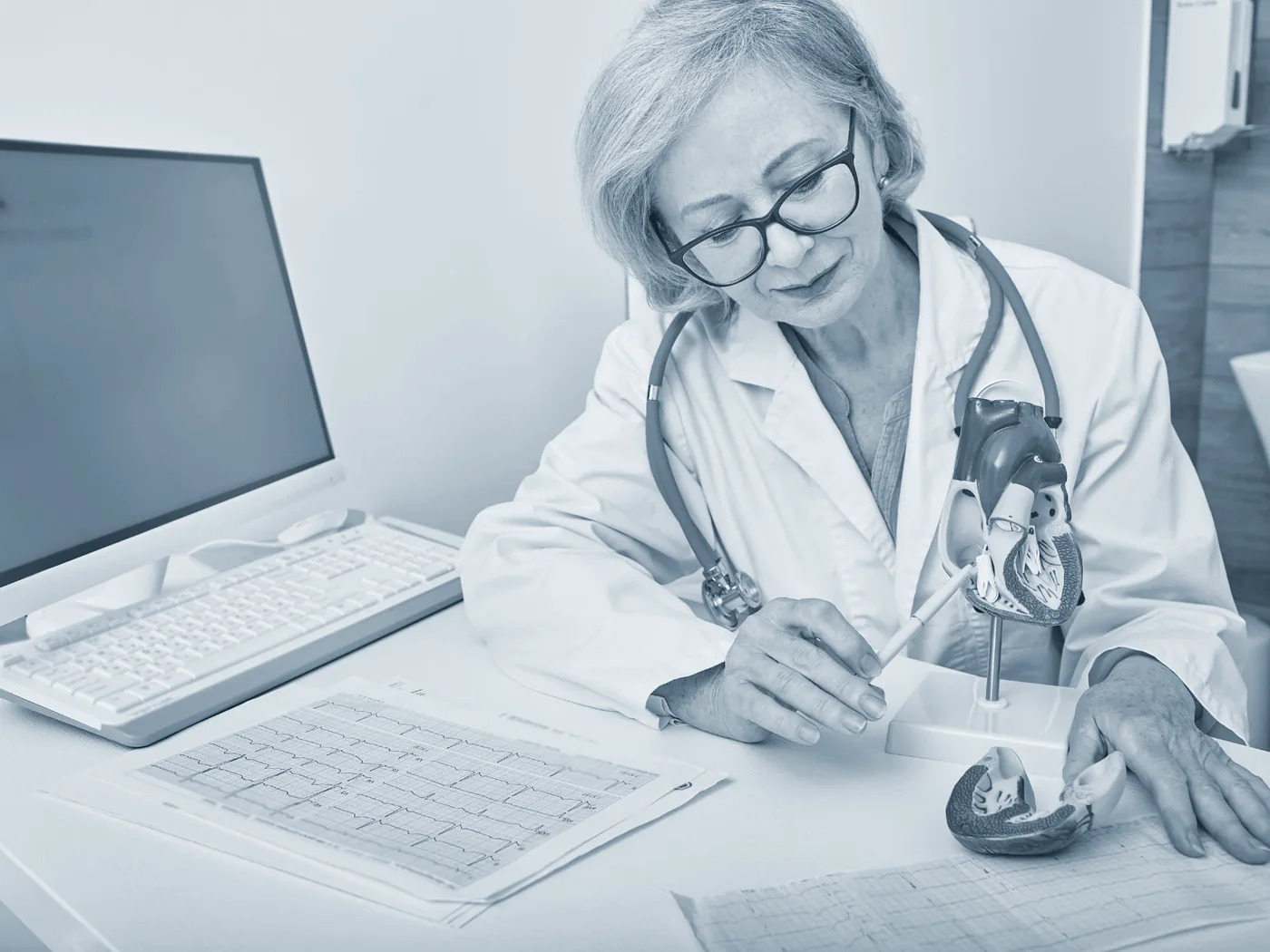 A doctor with an ECG printout and heart model during a consultation